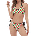 Christmas Candy Cane Striped Print Halter Scoop Tie Side Bikini