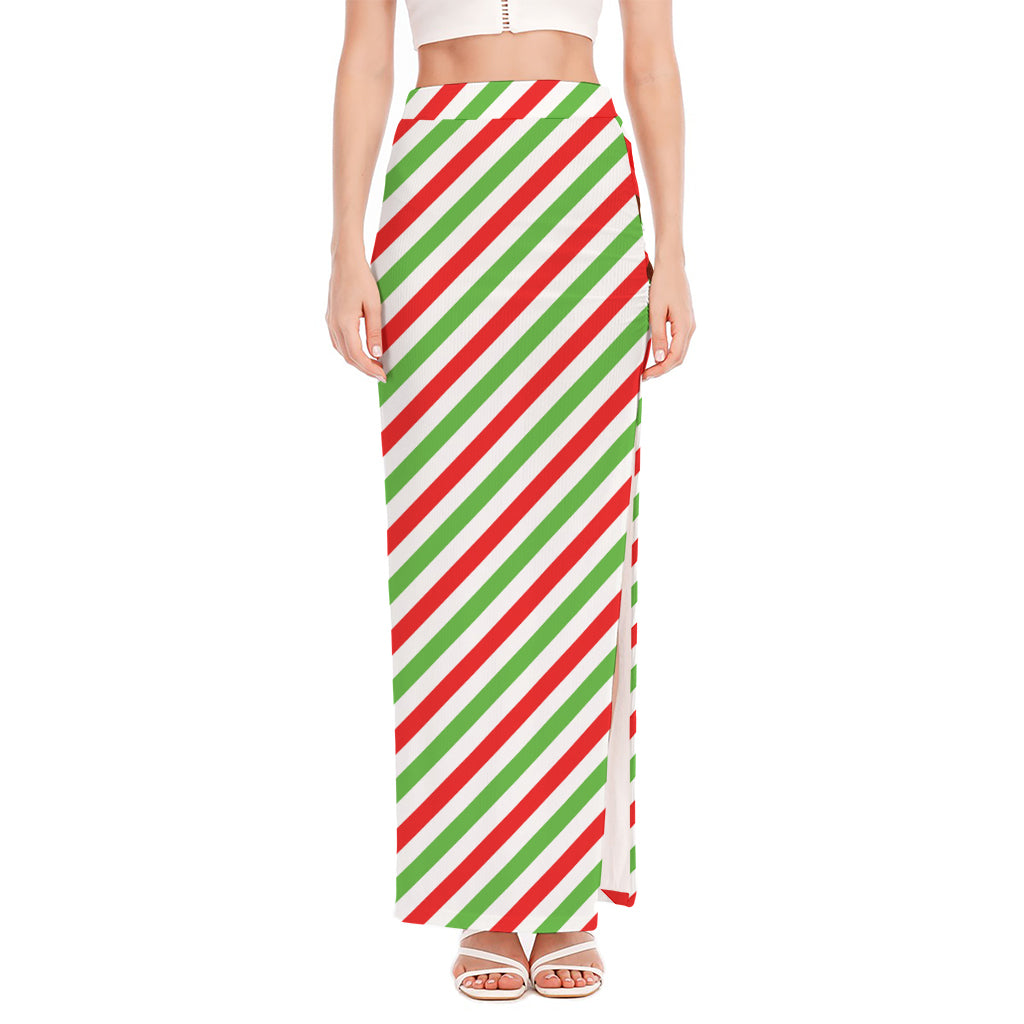 Christmas Candy Cane Striped Print High Slit Maxi Skirt