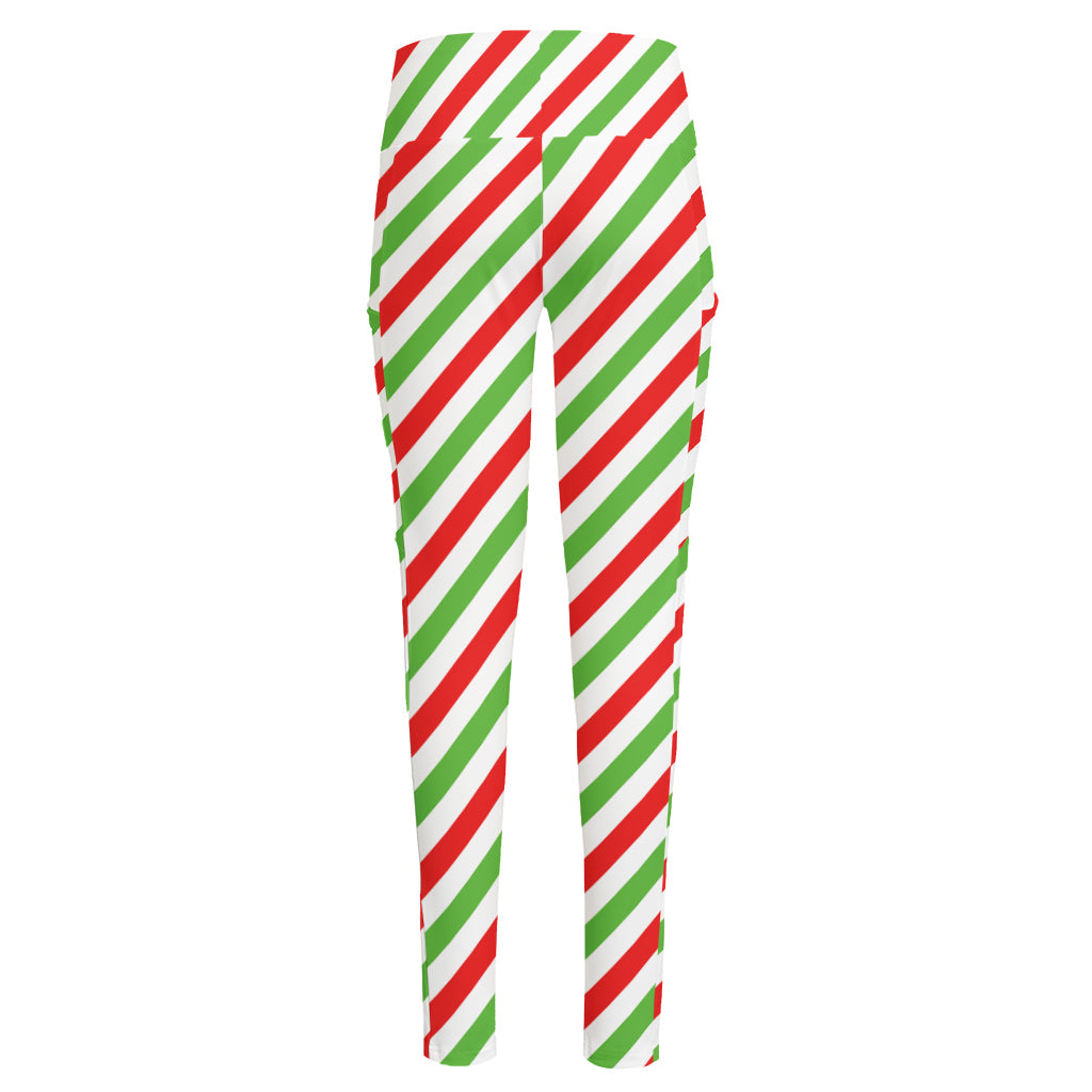 Christmas Candy Cane Striped Print High-Waisted Pocket Leggings