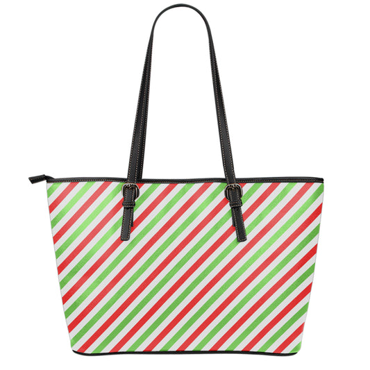 Christmas Candy Cane Striped Print Leather Tote Bag