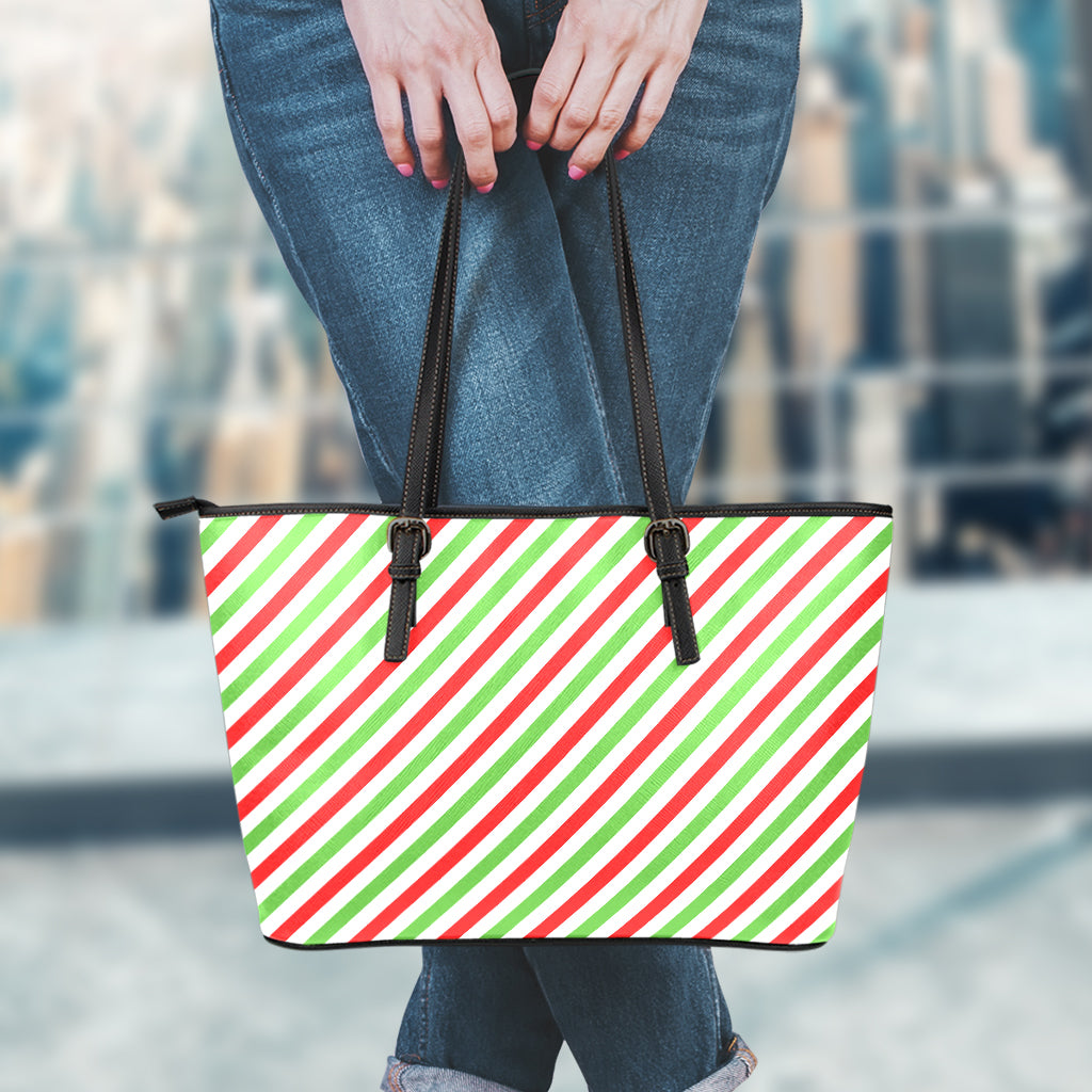 Christmas Candy Cane Striped Print Leather Tote Bag
