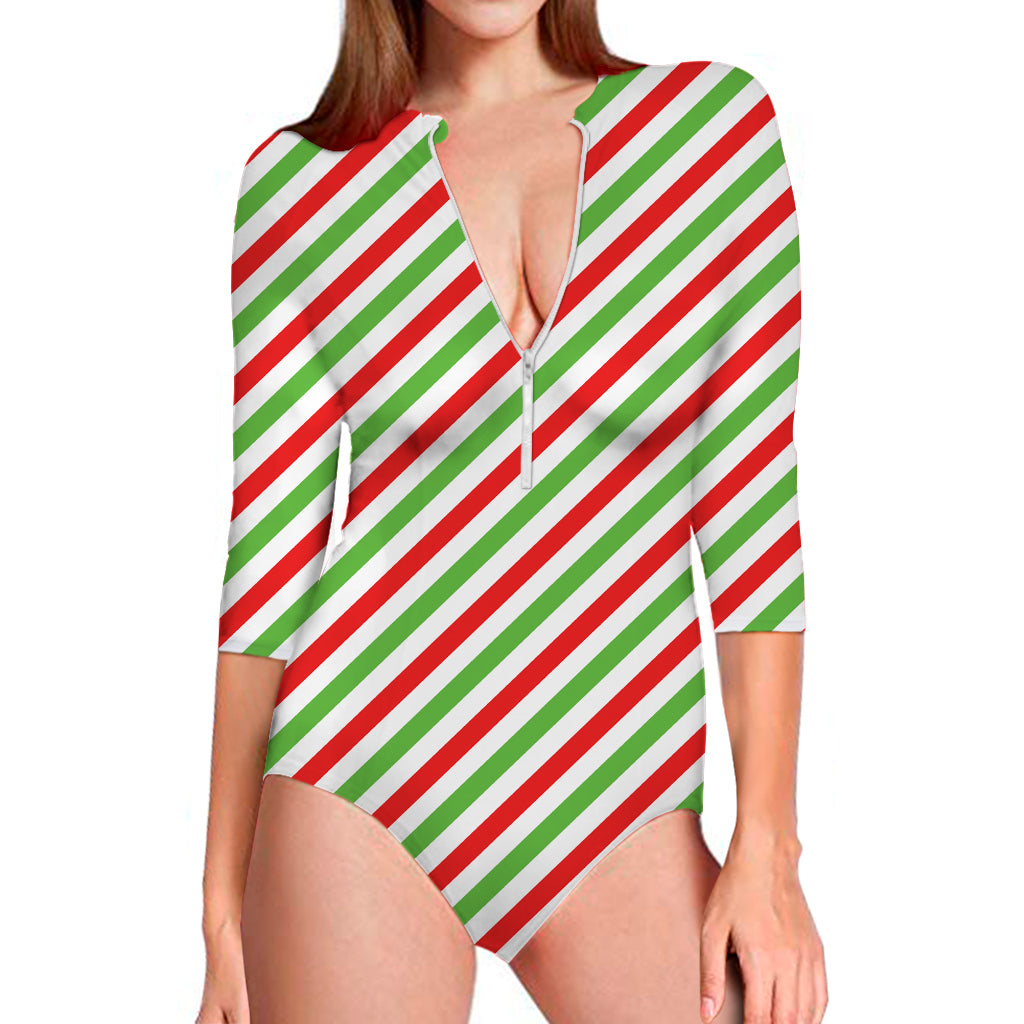 Christmas Candy Cane Striped Print Long Sleeve Swimsuit