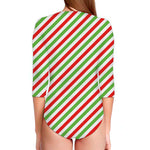 Christmas Candy Cane Striped Print Long Sleeve Swimsuit
