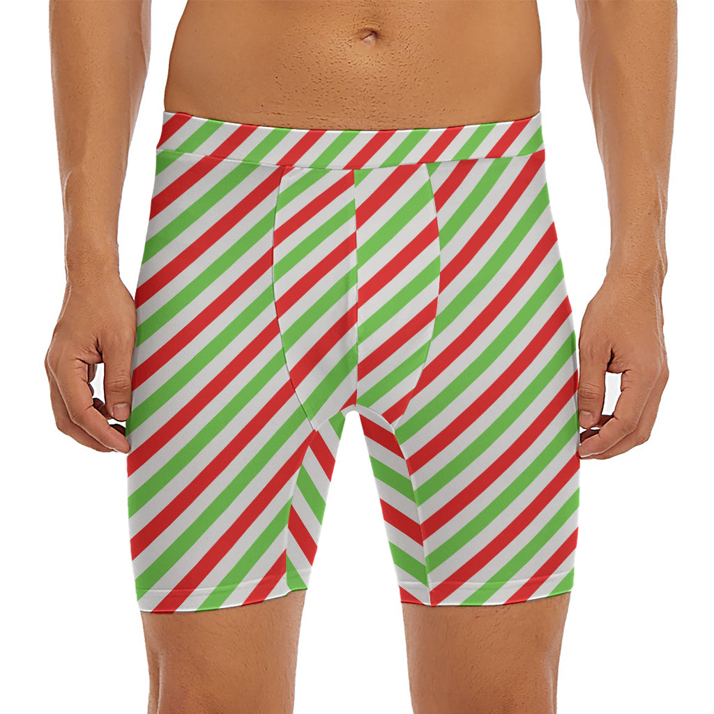 Christmas Candy Cane Striped Print Men's Long Boxer Briefs