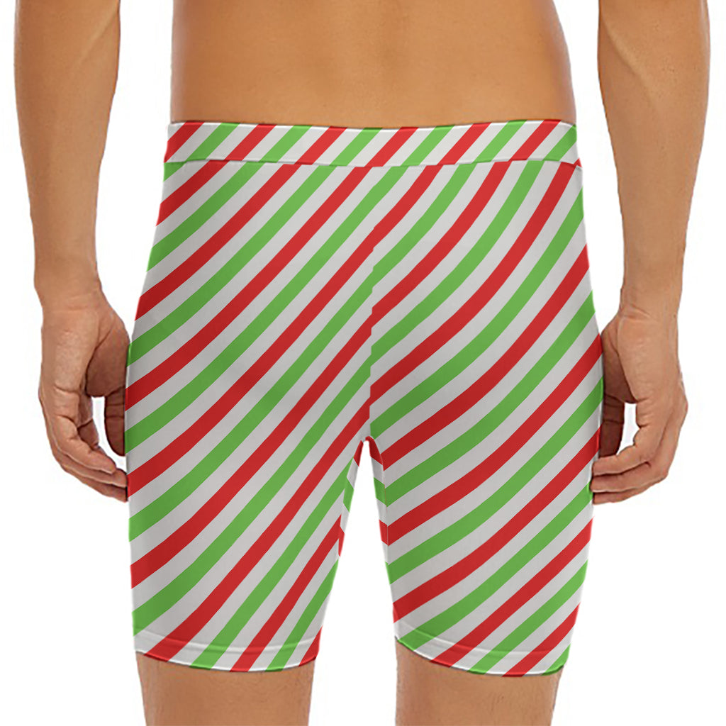 Christmas Candy Cane Striped Print Men's Long Boxer Briefs