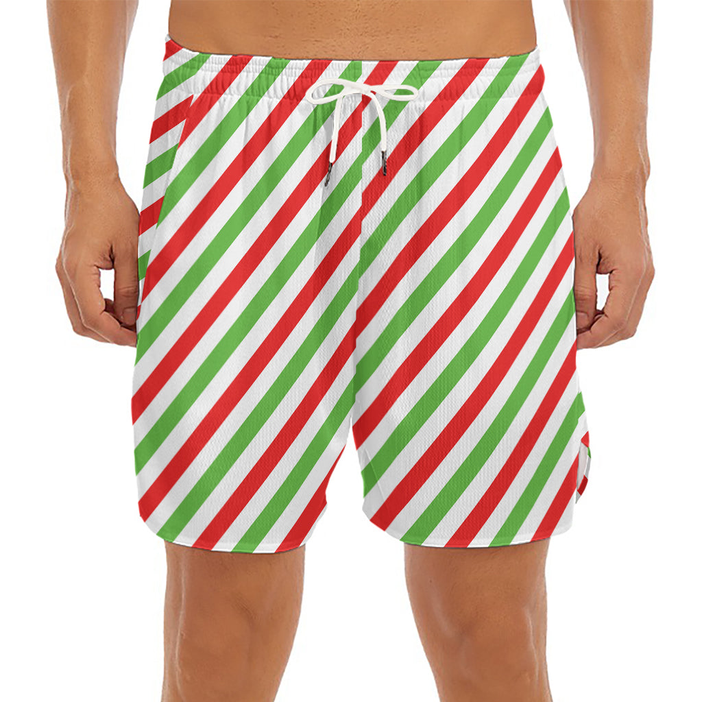 Christmas Candy Cane Striped Print Men's Split Running Shorts