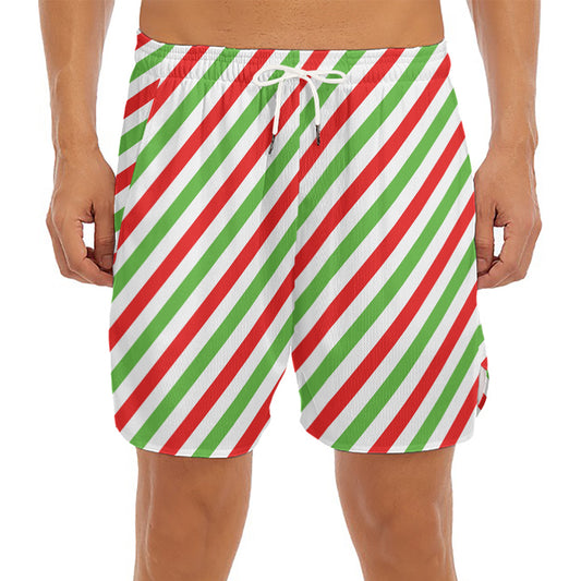 Christmas Candy Cane Striped Print Men's Split Running Shorts