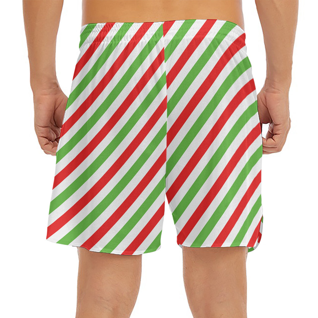 Christmas Candy Cane Striped Print Men's Split Running Shorts