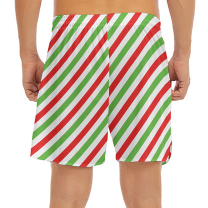 Christmas Candy Cane Striped Print Men's Split Running Shorts