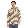 Christmas Candy Cane Striped Print Men's Velvet Pullover Hoodie