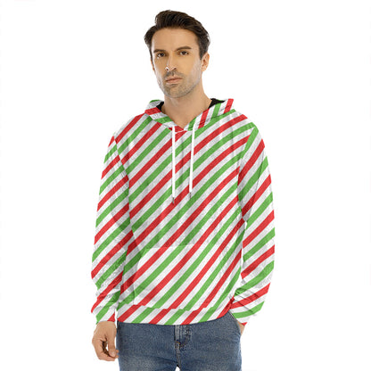 Christmas Candy Cane Striped Print Men's Velvet Pullover Hoodie