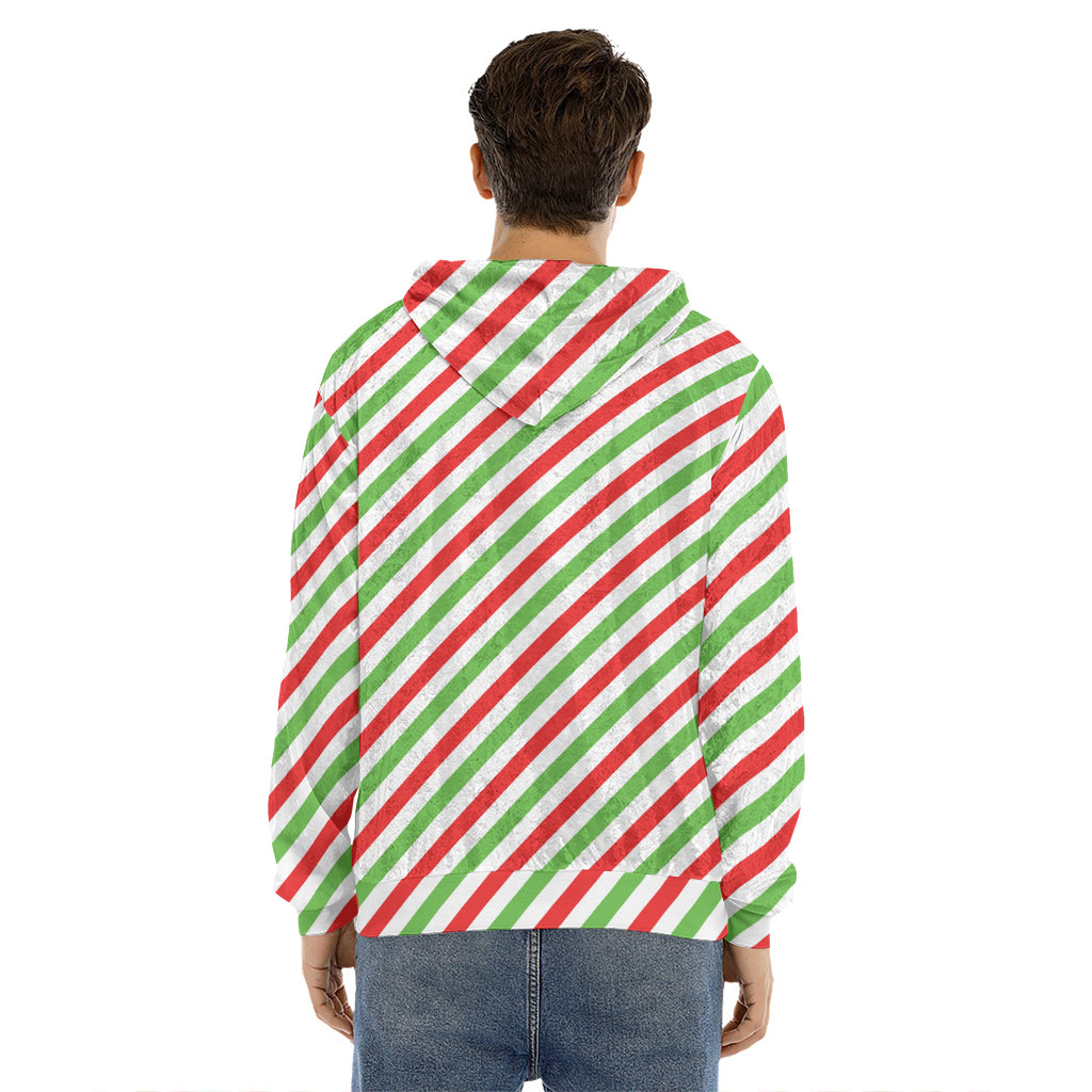Christmas Candy Cane Striped Print Men's Velvet Pullover Hoodie