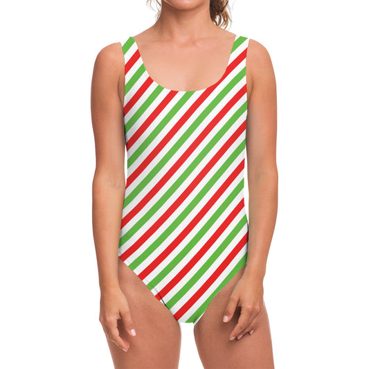 Christmas Candy Cane Striped Print One Piece Swimsuit