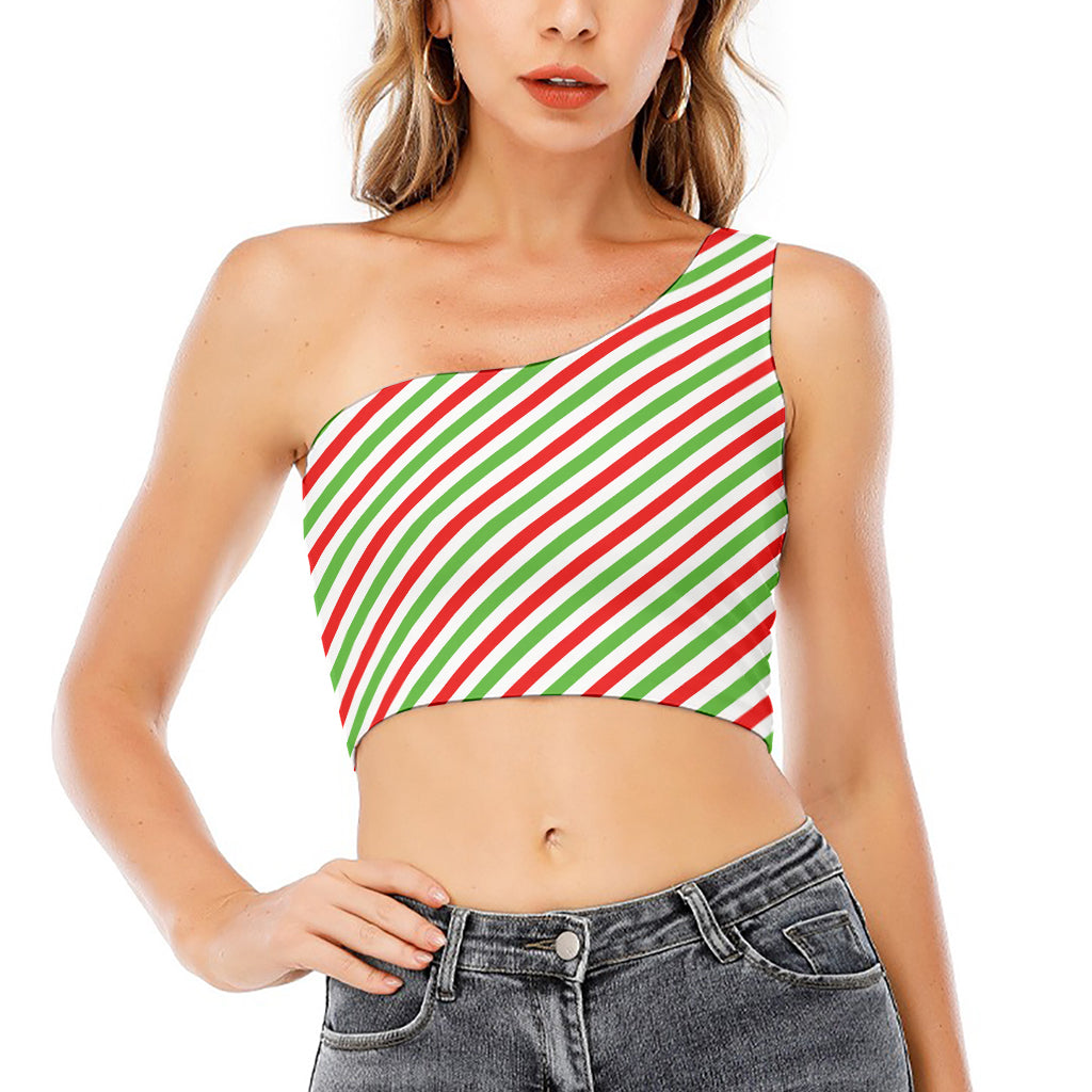 Christmas Candy Cane Striped Print One Shoulder Crop Top