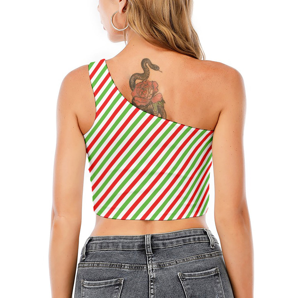 Christmas Candy Cane Striped Print One Shoulder Crop Top