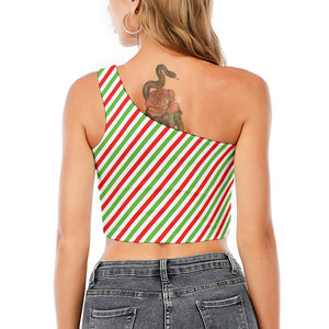 Christmas Candy Cane Striped Print One Shoulder Crop Top