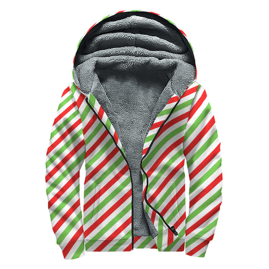 Christmas Candy Cane Striped Print Sherpa Lined Zip Up Hoodie