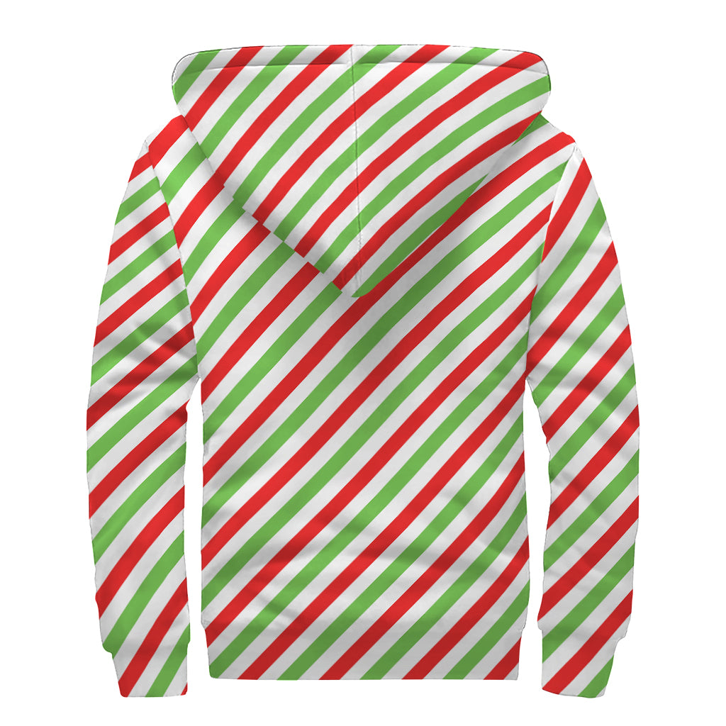 Christmas Candy Cane Striped Print Sherpa Lined Zip Up Hoodie