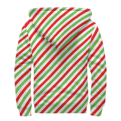 Christmas Candy Cane Striped Print Sherpa Lined Zip Up Hoodie