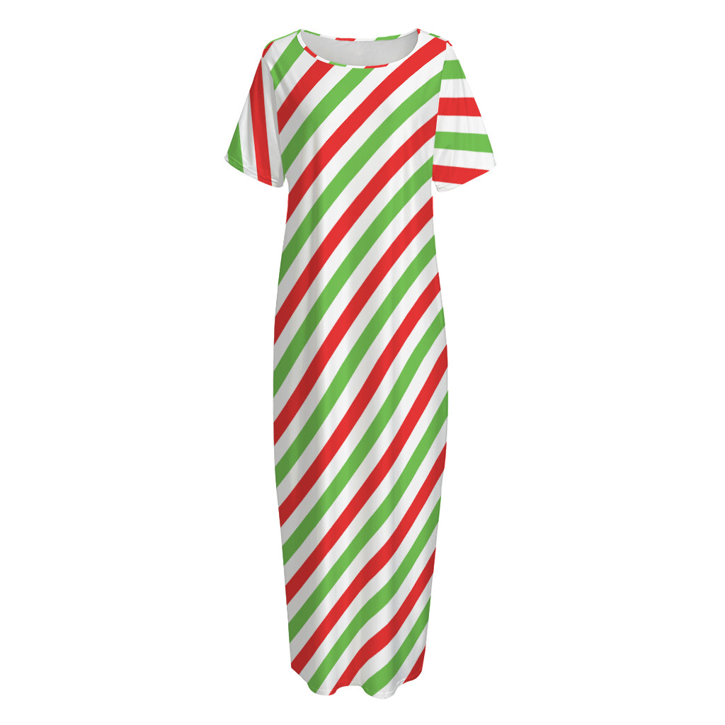 Christmas Candy Cane Striped Print Short Sleeve Long Nightdress