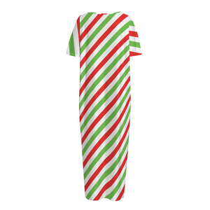 Christmas Candy Cane Striped Print Short Sleeve Long Nightdress