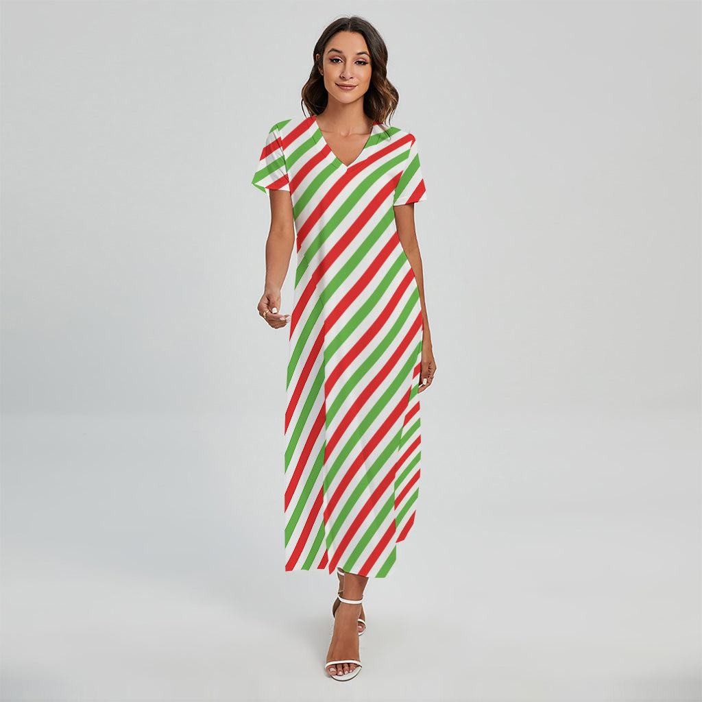 Christmas Candy Cane Striped Print Short Sleeve Maxi Dress