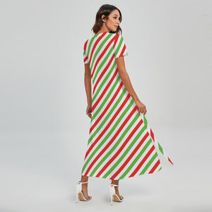 Christmas Candy Cane Striped Print Short Sleeve Maxi Dress