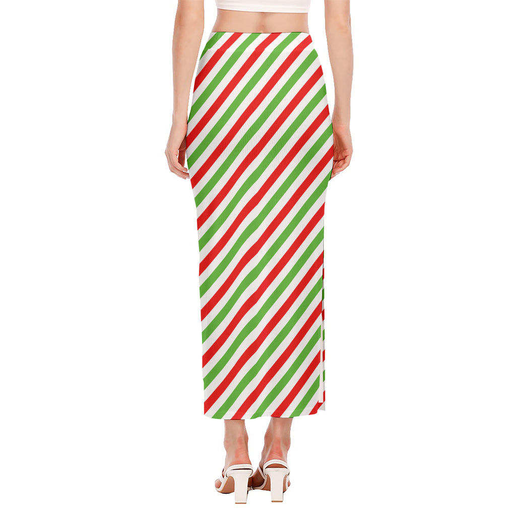 Christmas Candy Cane Striped Print Side Slit Maxi Skirt