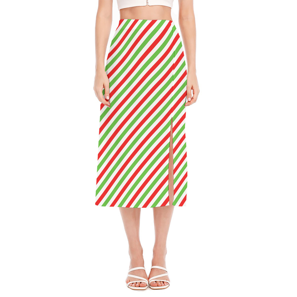 Christmas Candy Cane Striped Print Side Slit Midi Skirt