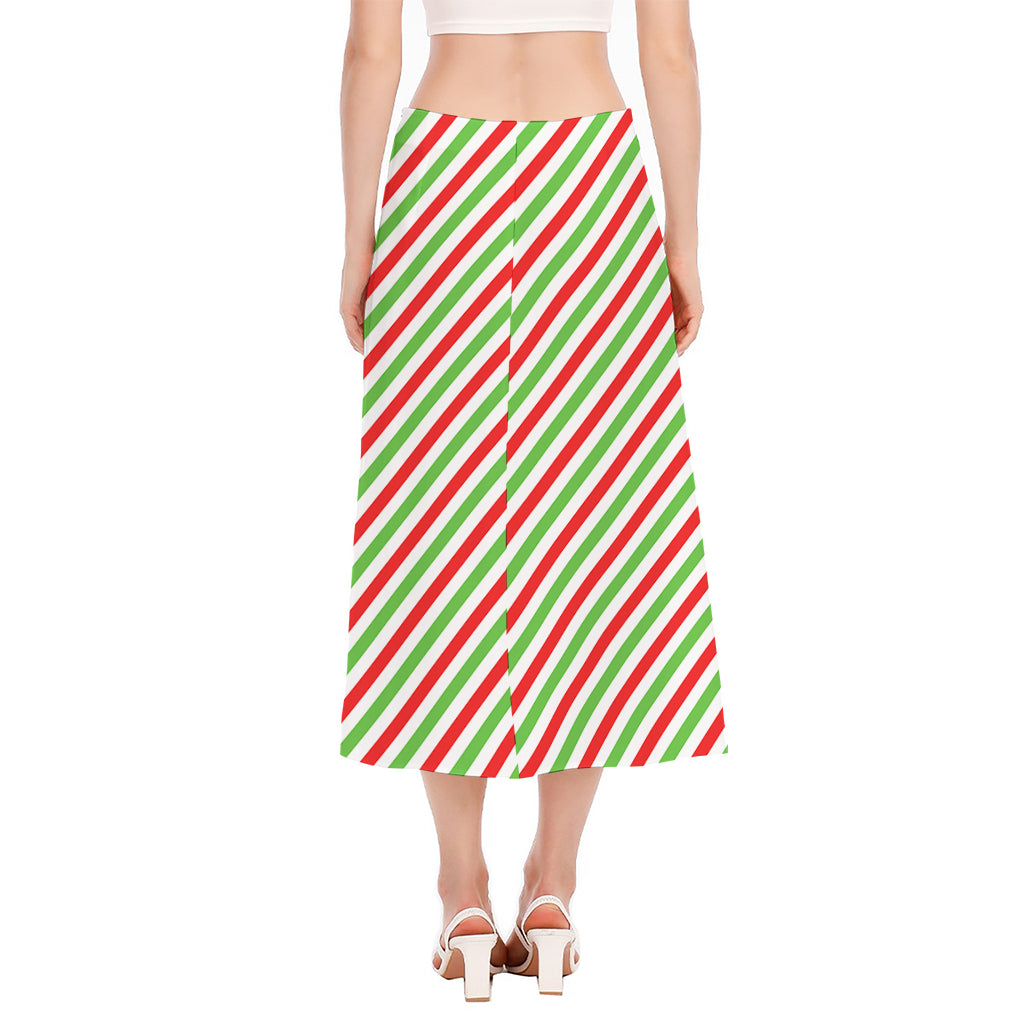 Christmas Candy Cane Striped Print Side Slit Midi Skirt