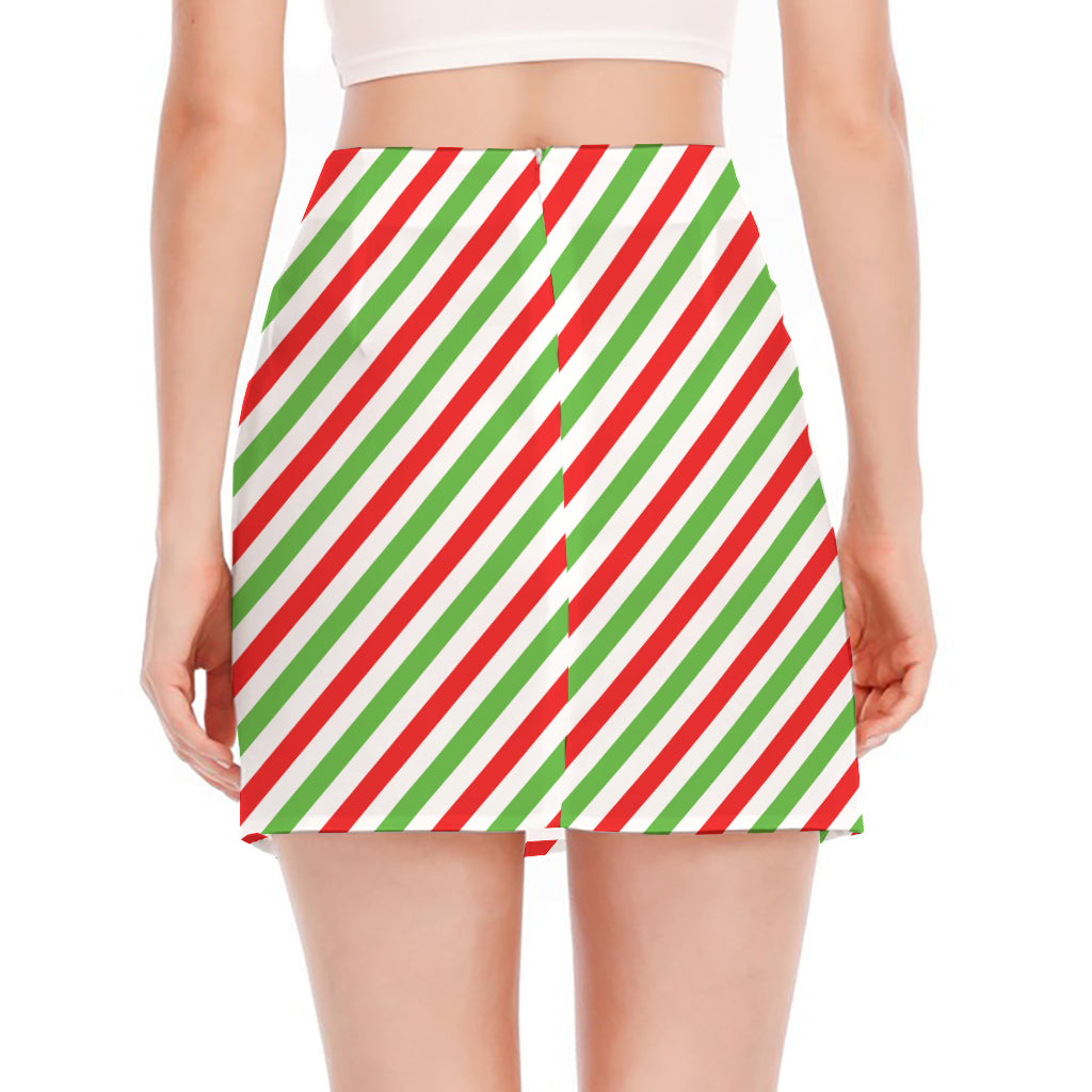 Christmas Candy Cane Striped Print Side Slit Mini Skirt