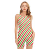 Christmas Candy Cane Striped Print Sleeveless One Piece Swimsuit