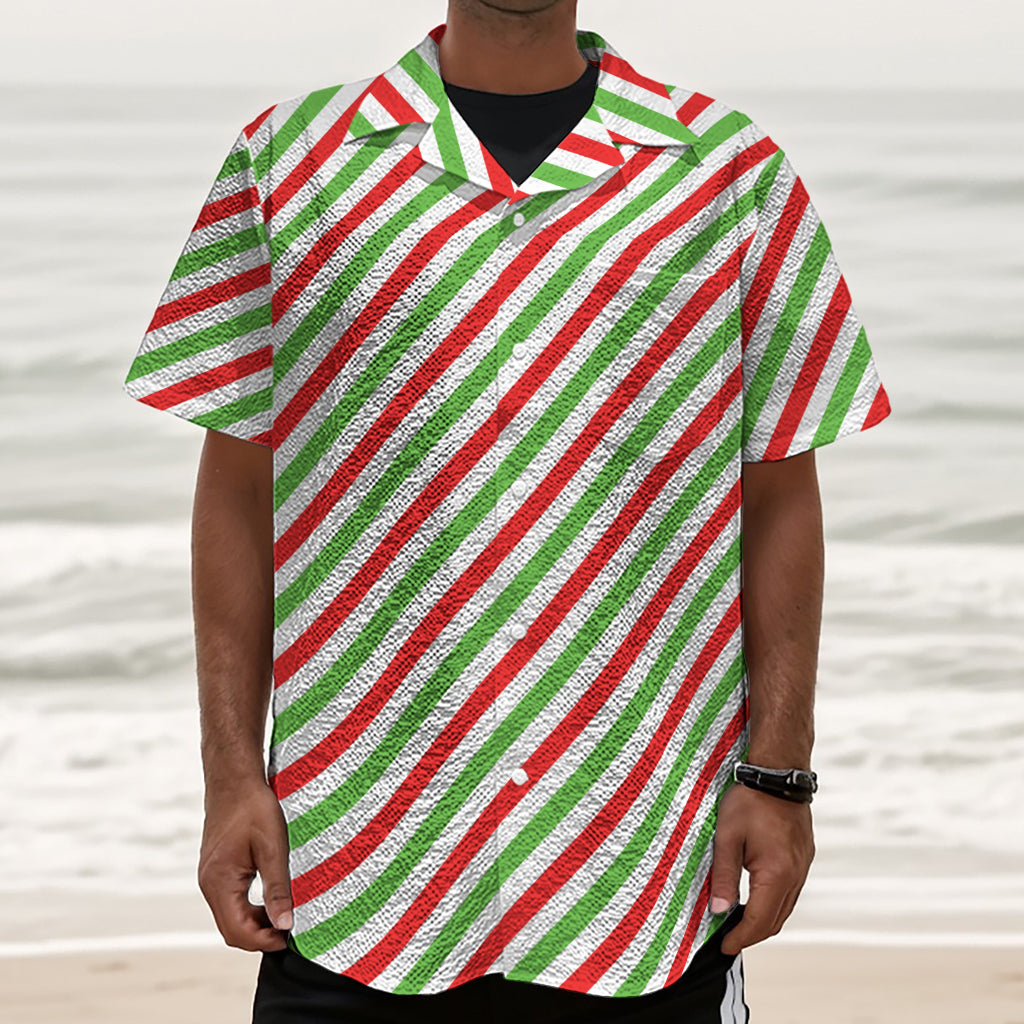 Christmas Candy Cane Striped Print Textured Short Sleeve Shirt
