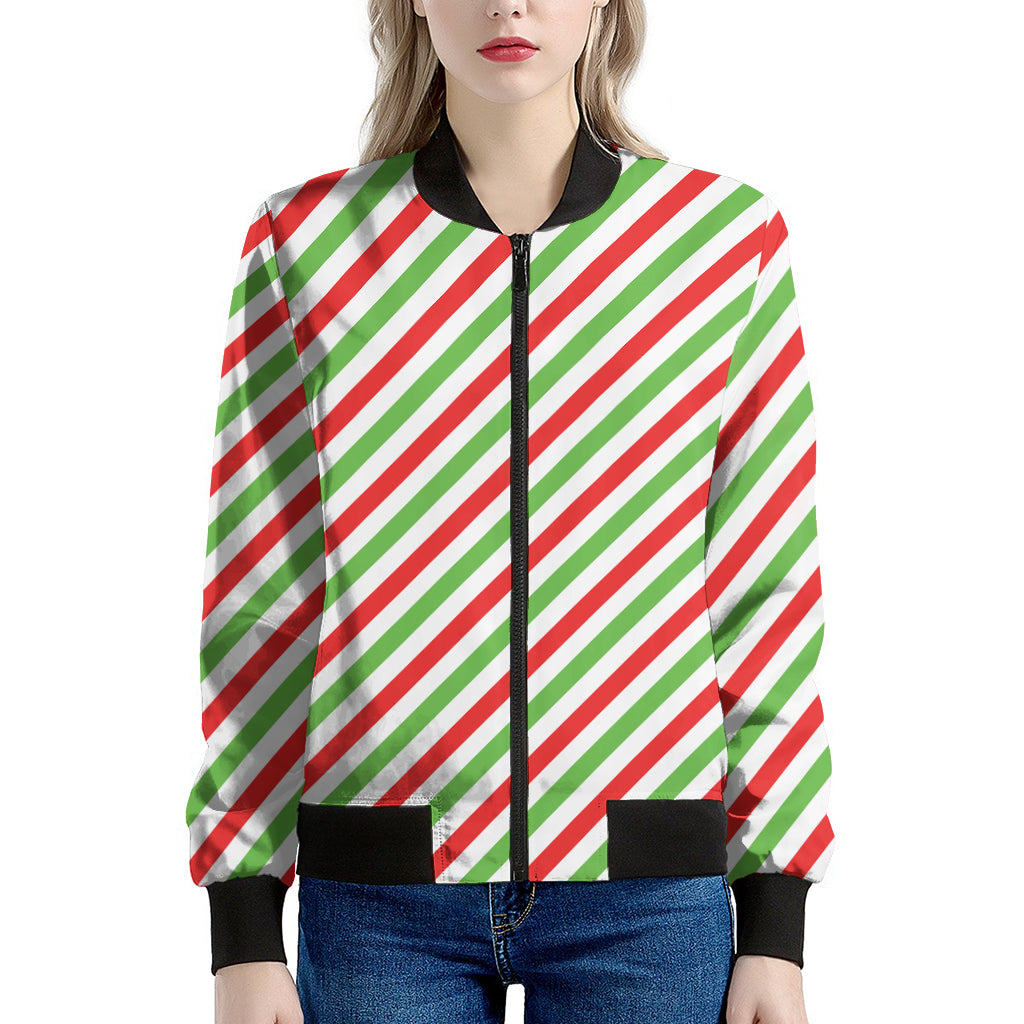 Christmas Candy Cane Striped Print Women's Bomber Jacket