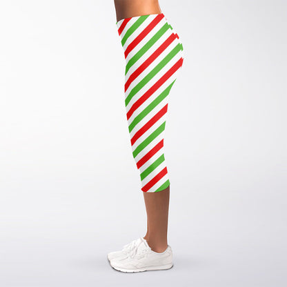 Christmas Candy Cane Striped Print Women's Capri Leggings