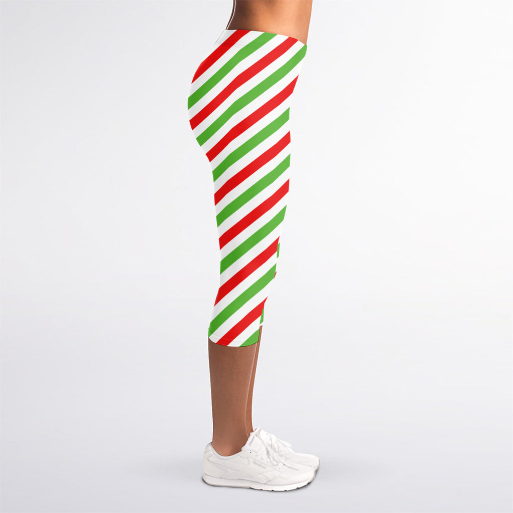 Christmas Candy Cane Striped Print Women's Capri Leggings