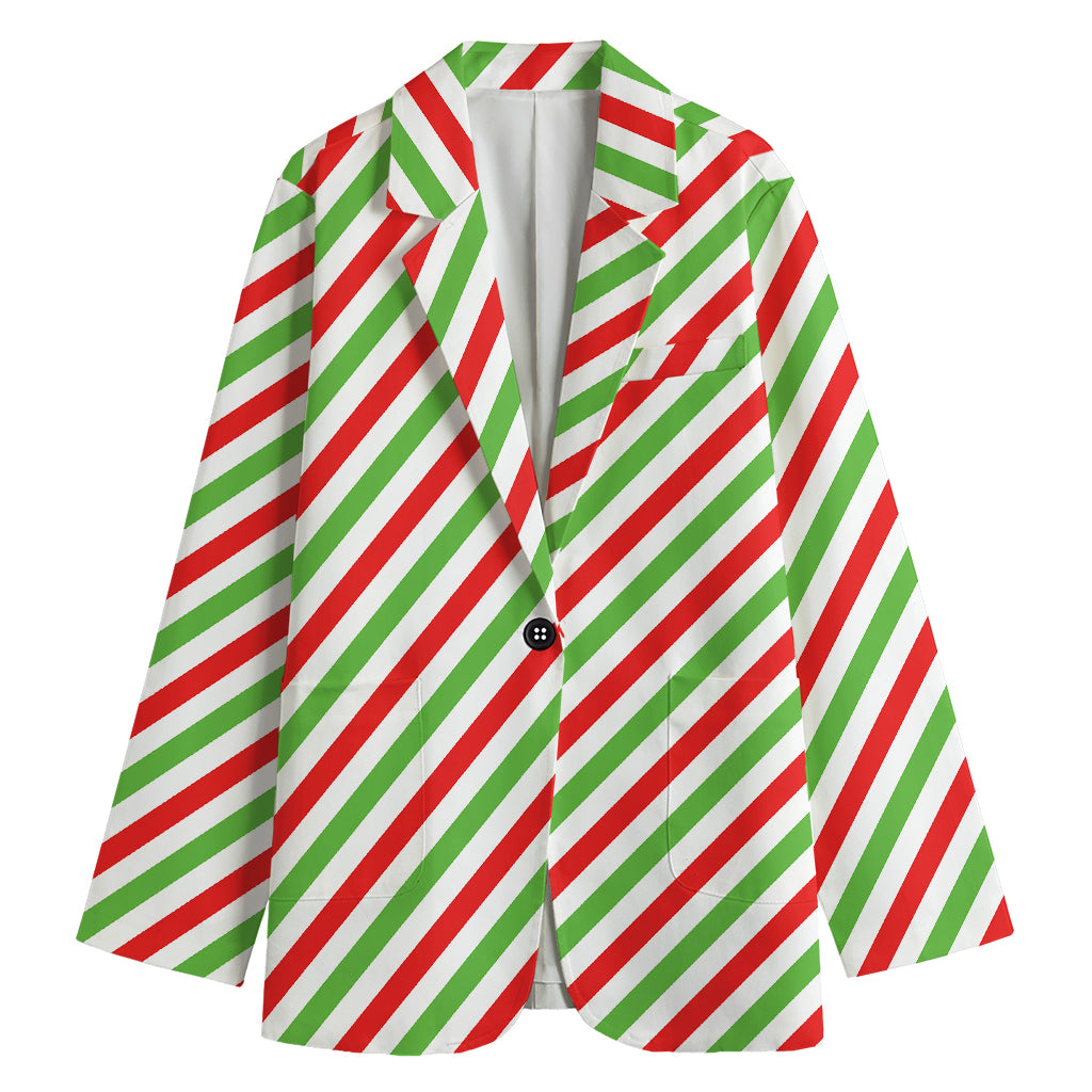 Christmas Candy Cane Striped Print Women's Cotton Blazer