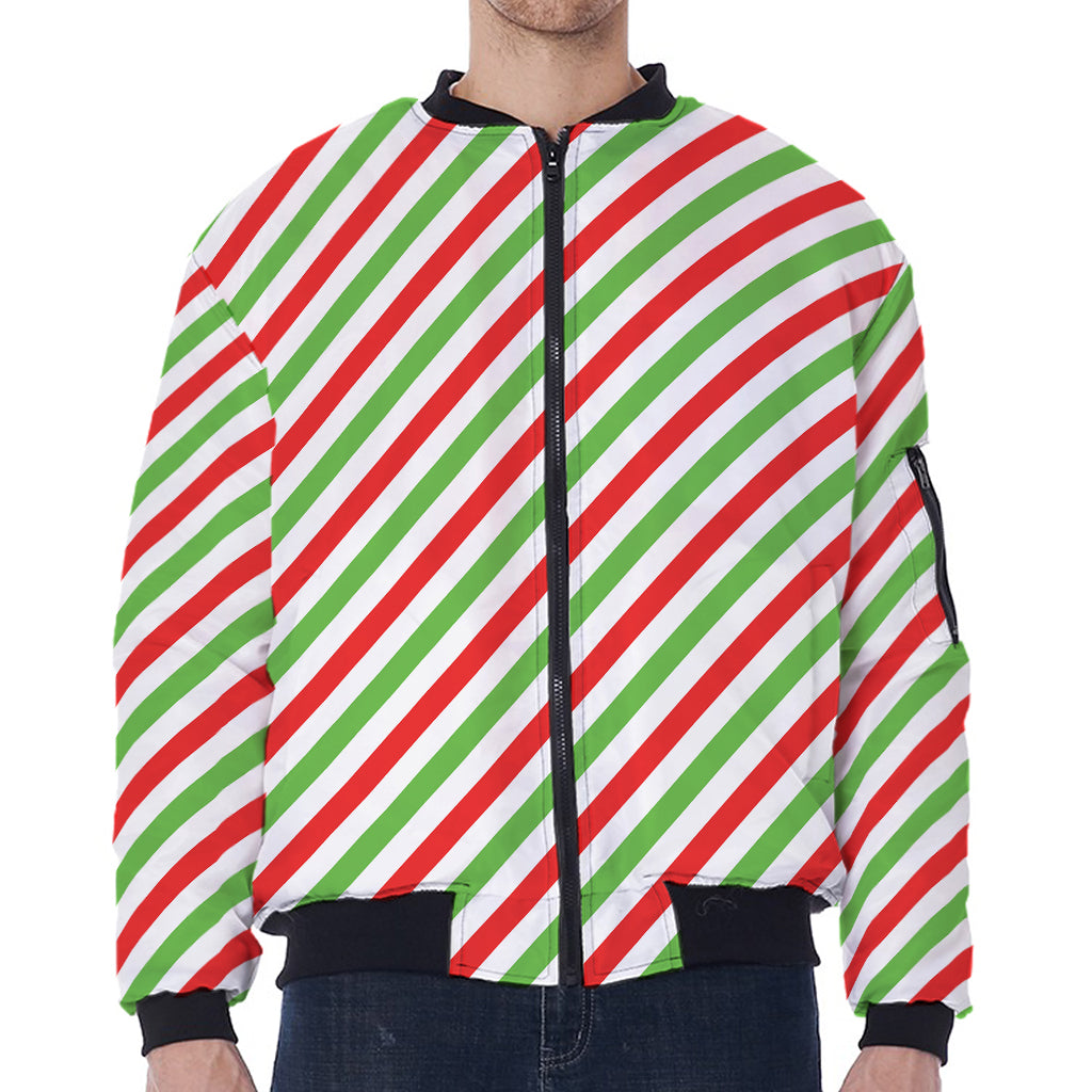 Christmas Candy Cane Striped Print Zip Sleeve Bomber Jacket