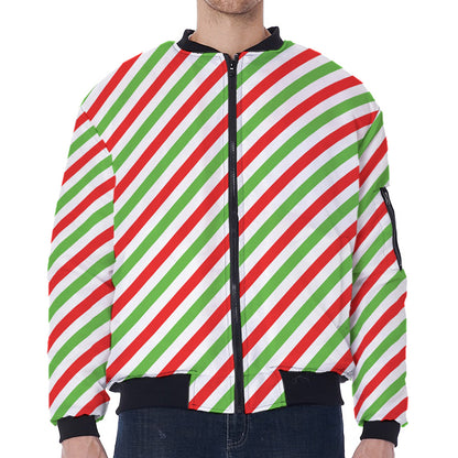 Christmas Candy Cane Striped Print Zip Sleeve Bomber Jacket