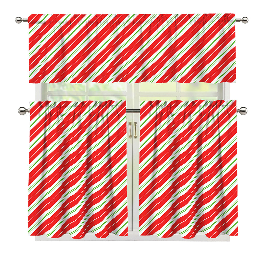 Christmas Candy Cane Stripes Print 3 Piece Kitchen Curtains