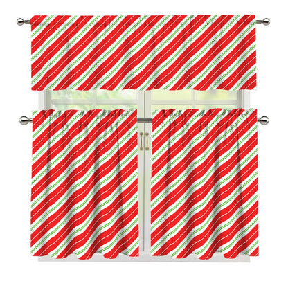 Christmas Candy Cane Stripes Print 3 Piece Kitchen Curtains