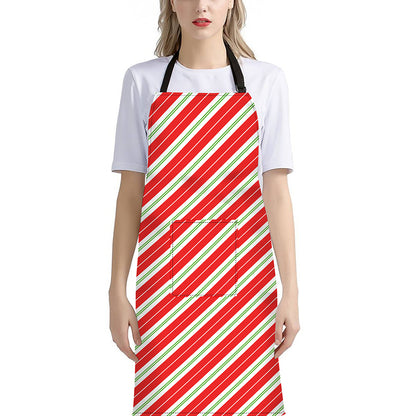 Christmas Candy Cane Stripes Print Bib Apron With Pocket