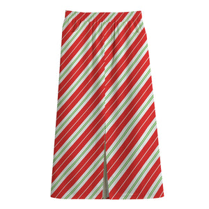 Christmas Candy Cane Stripes Print Cotton Front Slit Maxi Skirt