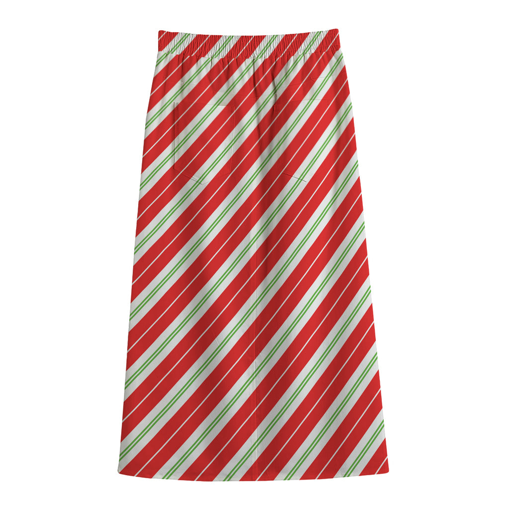 Christmas Candy Cane Stripes Print Cotton Front Slit Maxi Skirt