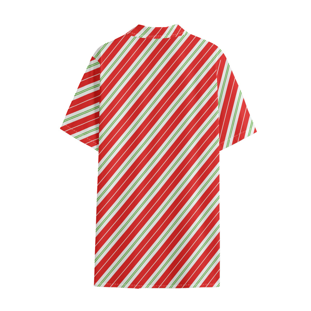 Christmas Candy Cane Stripes Print Cotton Hawaiian Shirt