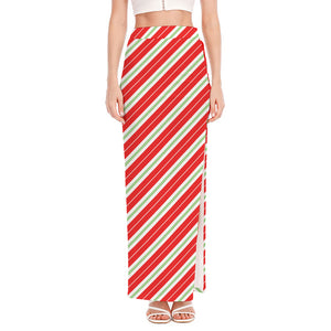 Christmas Candy Cane Stripes Print High Slit Maxi Skirt