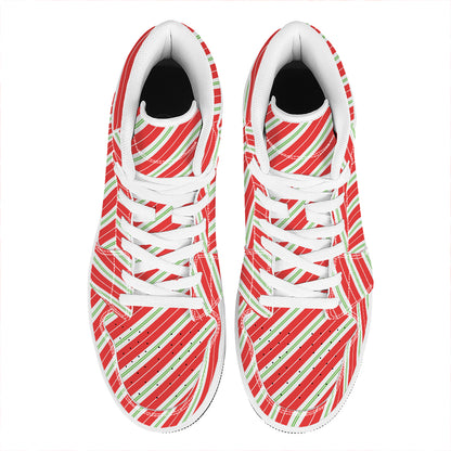 Christmas Candy Cane Stripes Print High Top Leather Sneakers