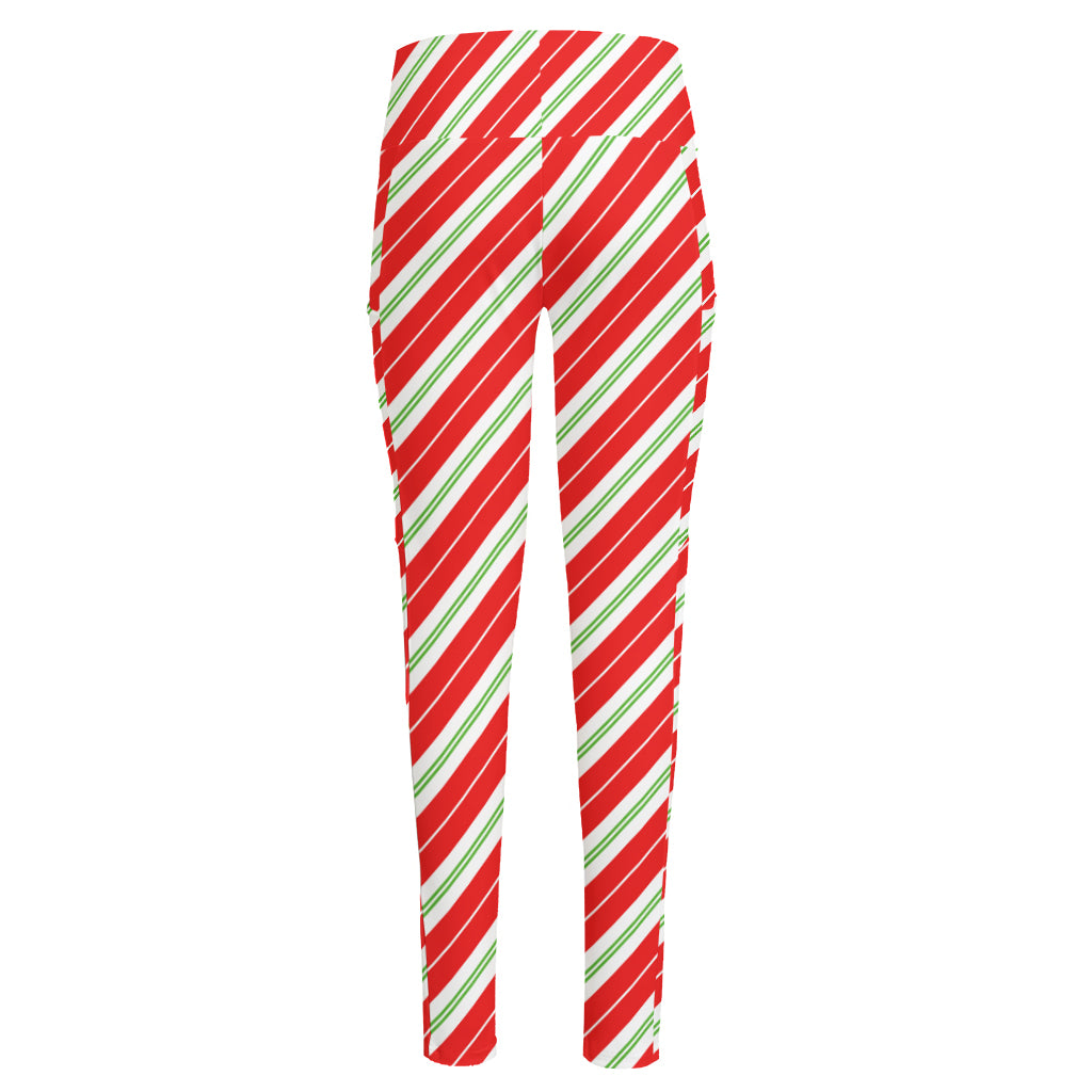 Christmas Candy Cane Stripes Print High-Waisted Pocket Leggings