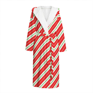 Christmas Candy Cane Stripes Print Hooded Bathrobe