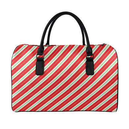 Christmas Candy Cane Stripes Print Leather Duffle Bag